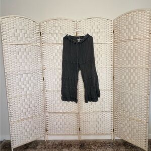 Crinkled Wide Leg Acid Wash Drawstring Pants - Black